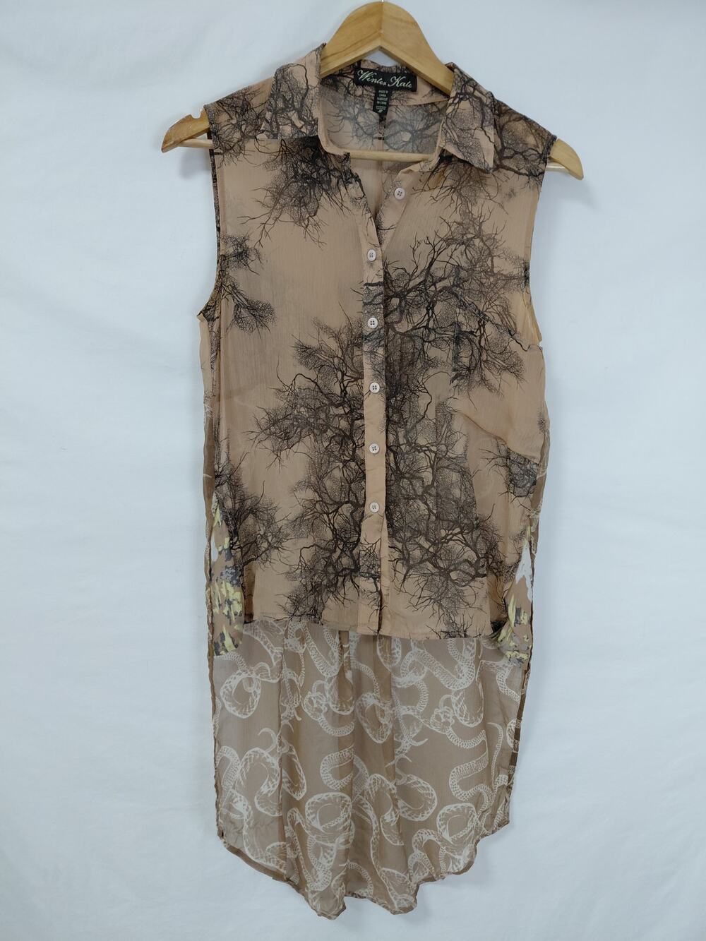 Winter Kate Silk Sleeveless Top Graphic Print Collared Midi Size S